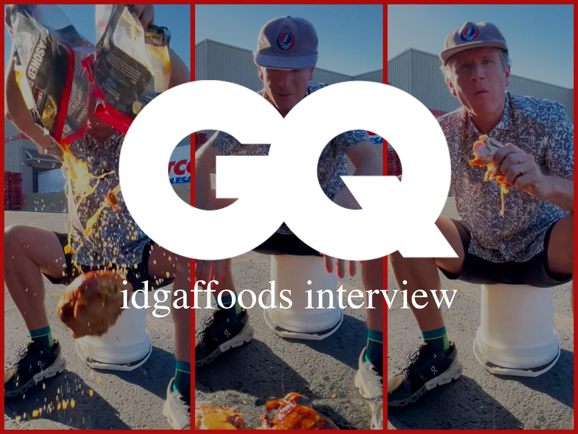 Social media screengrabs with text overlay promoting the idgaffoods interview on GQ