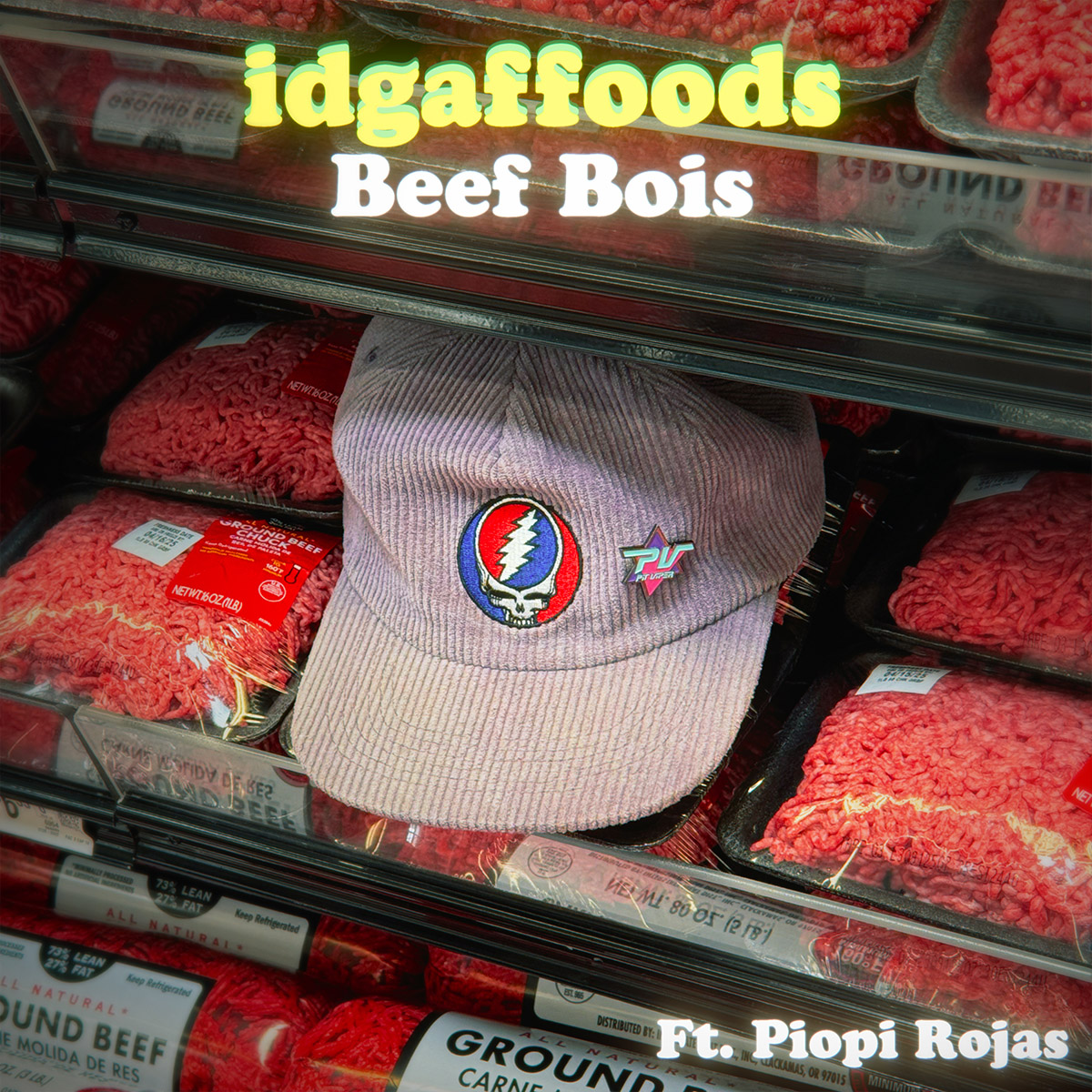 a cover art image of idgaffoods' iconic stealie hat on top of some beef in the grocery store
