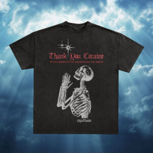 Image of "Thank You Cocaine" t-shirt, dark, against a deep blue sky.